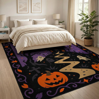 Spooky Halloween Haunted House Purple Area Rug