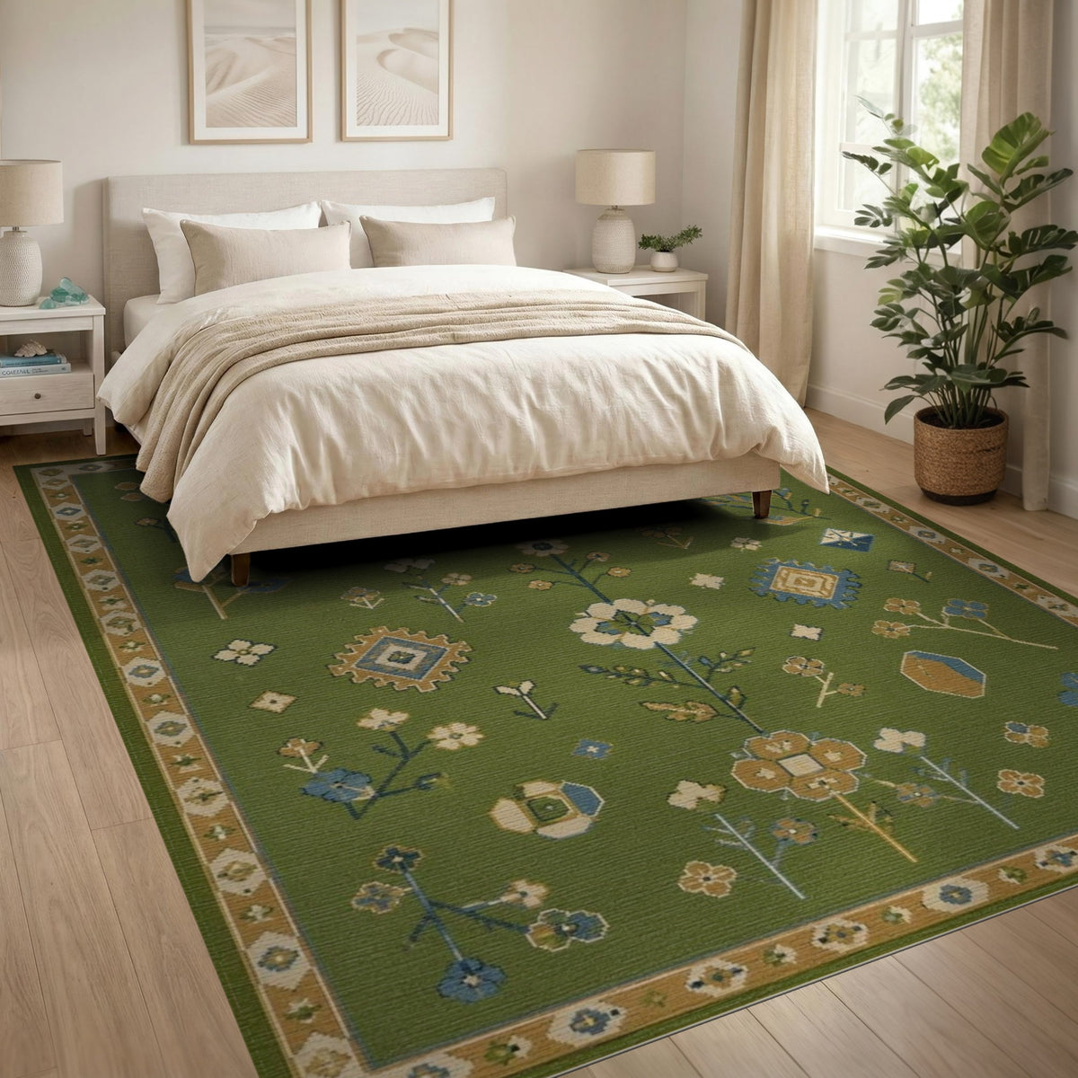 Green Floral Vintage Area Rug