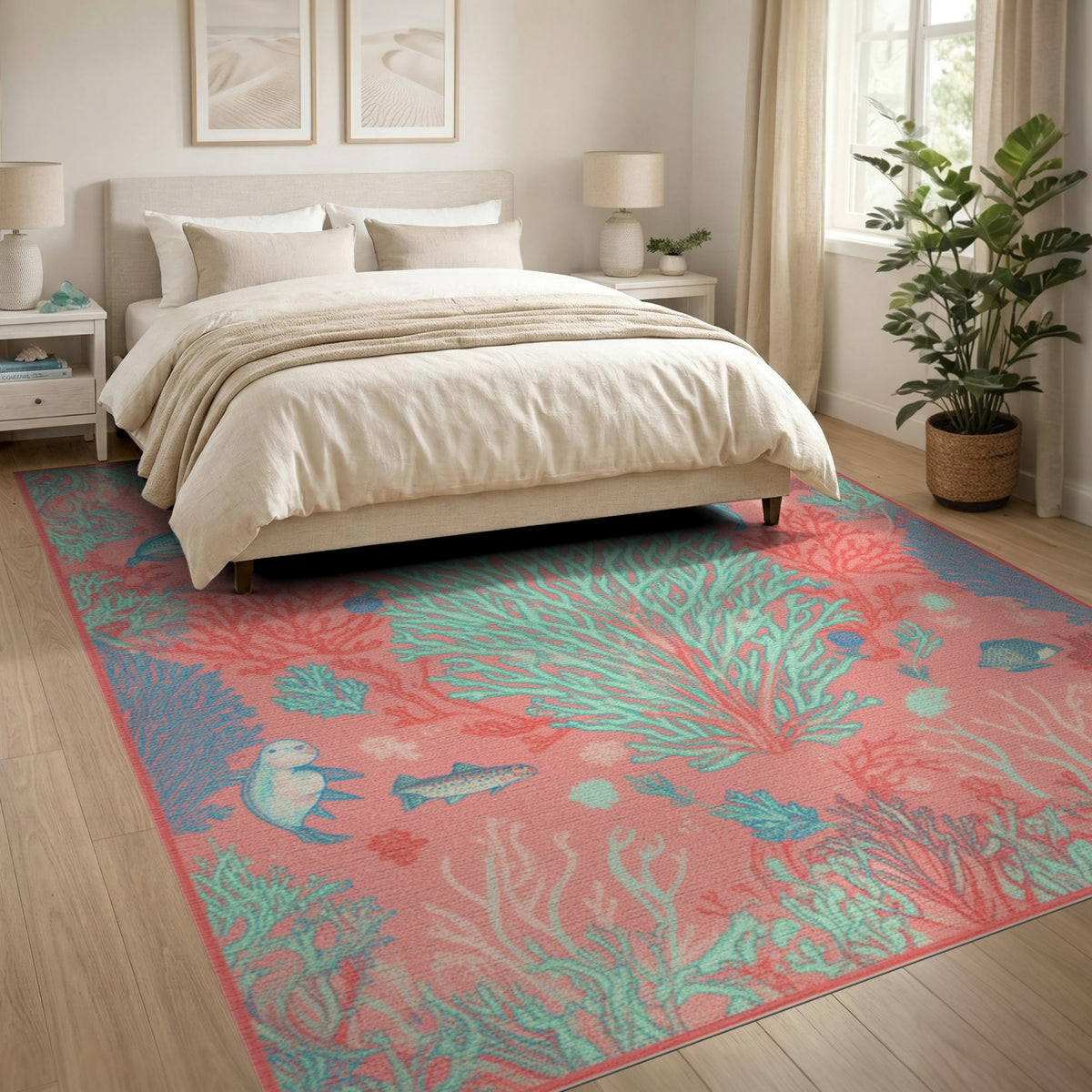 Coastal Beach Pink Coral Reef Coastal Area Rug