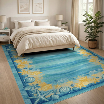 Coastal Blue Wave Seashell Starfish Area Rug