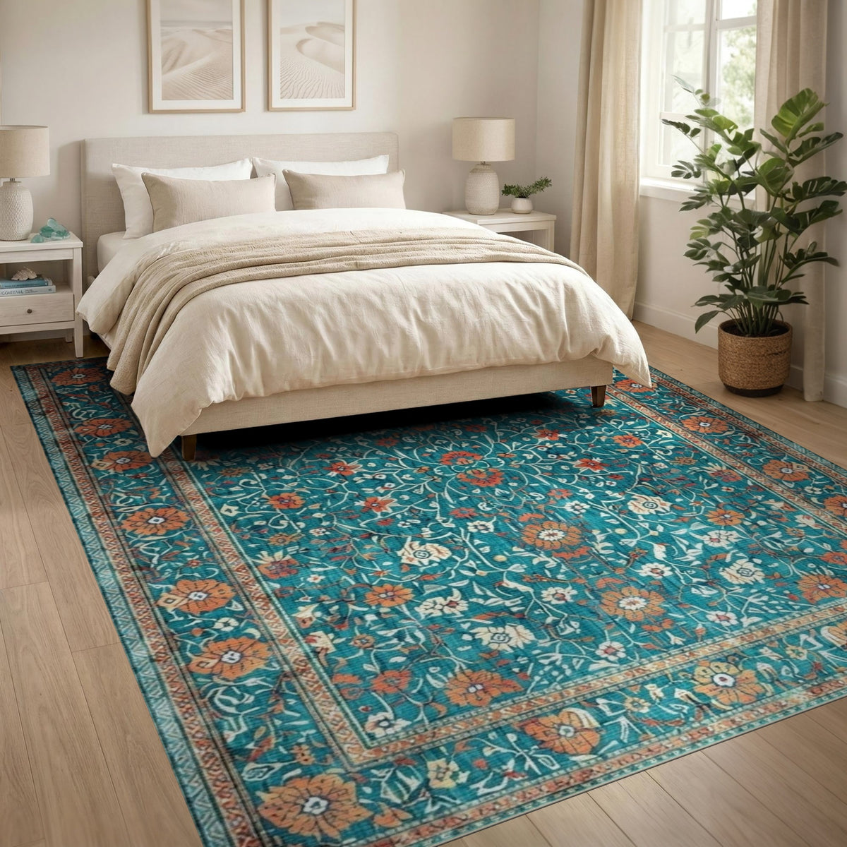Teal Floral Vintage Area Rug