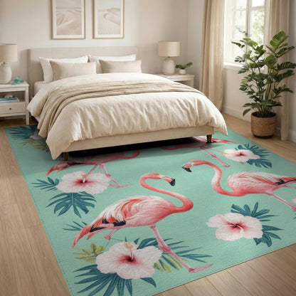 Floral Vintage Pink Flamingo Floral Washable Area Rug