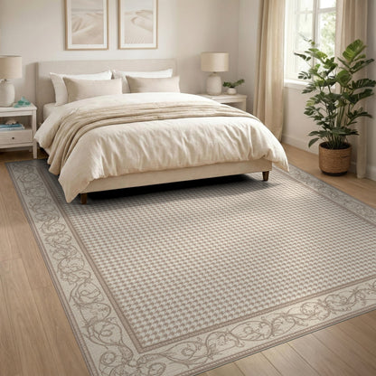 Beige Houndstooth Floral Vintage Border Area Rug