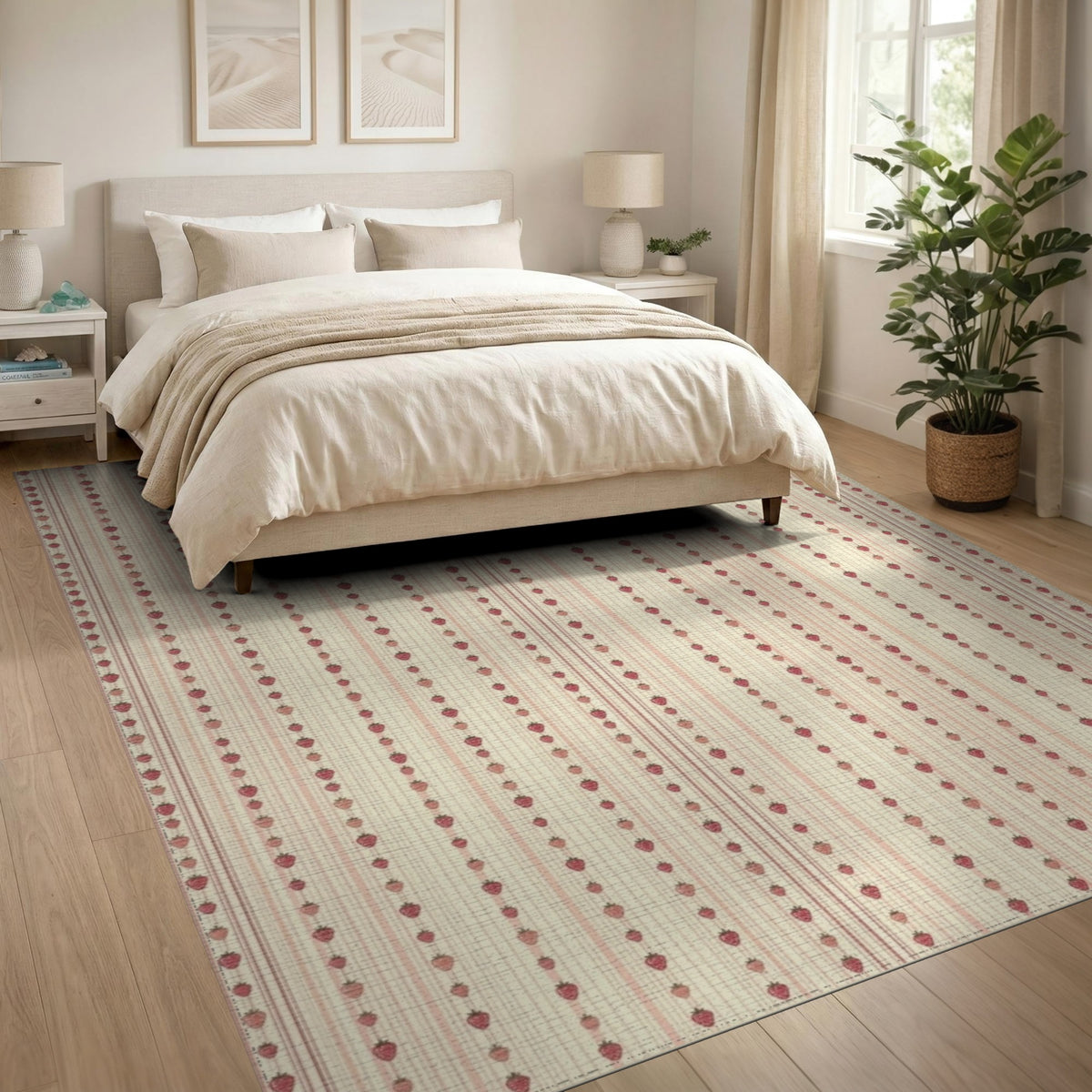 Pink Strawberry Stripe Washable Area Rug