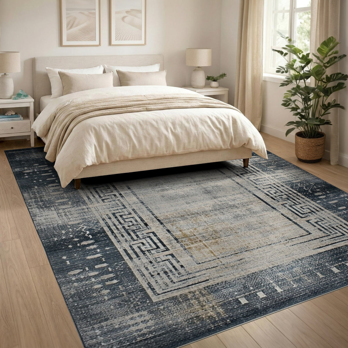 Grey Distressed Vintage Area Rug with Greek Key Border