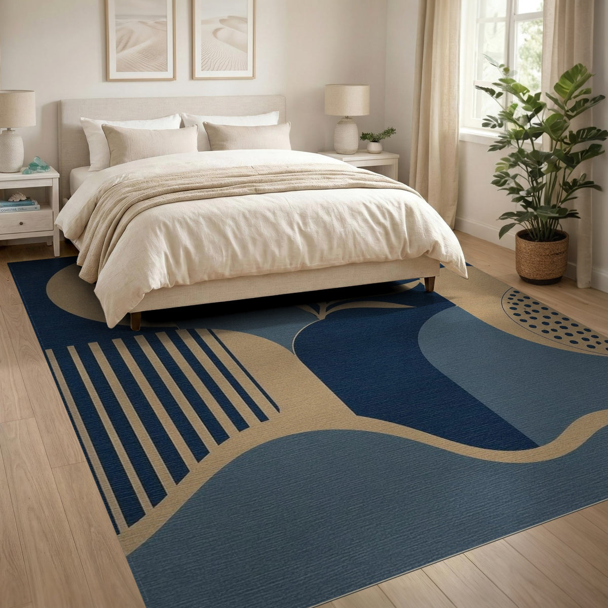 Blue Geometric Palm Leaf Area Rug