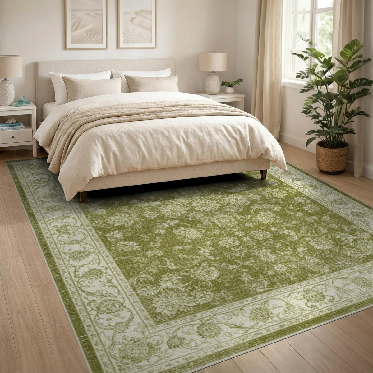 Green Floral Vintage Area Rug