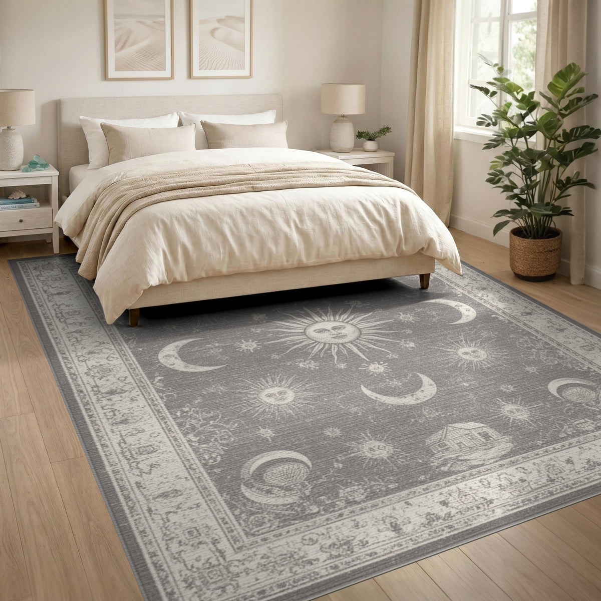 Grey Vintage Celestial Moon Sun Rug
