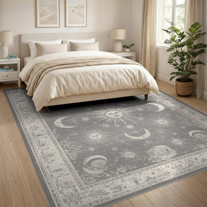 Grey Vintage Celestial Moon Sun Rug