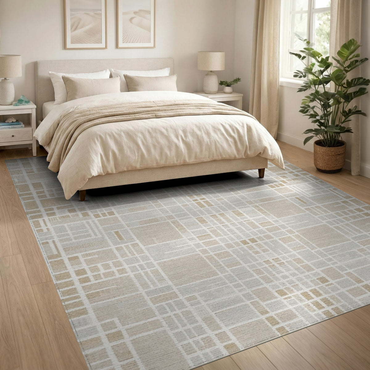 Grid Beige and Neutral Beige Geometric Grid Area Rug