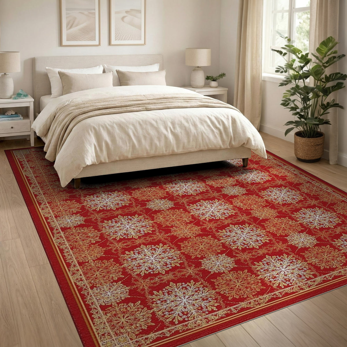 Red Snowflake Persian Red Area Rug