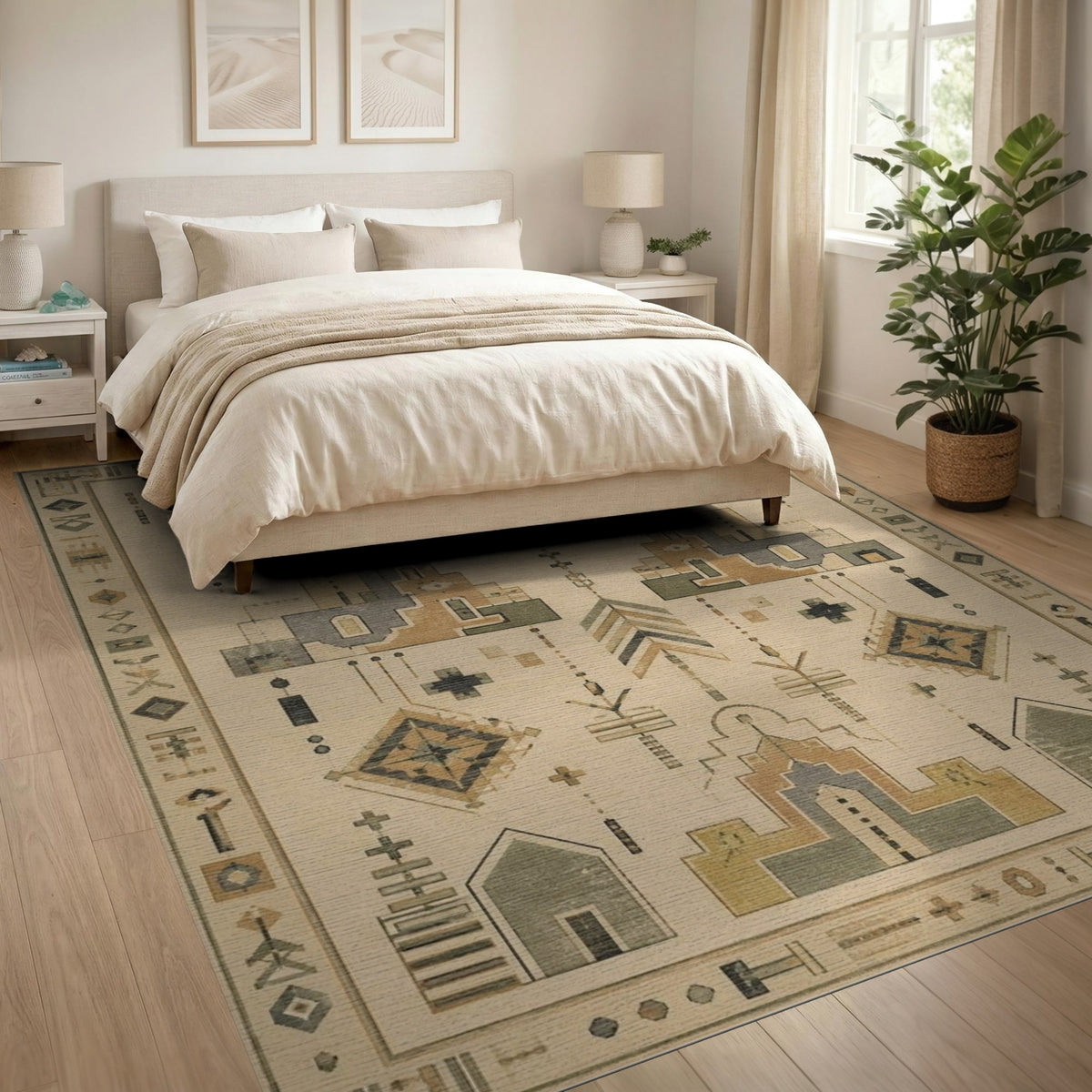 Beige Geometric Area Rug with Tribal Motifs