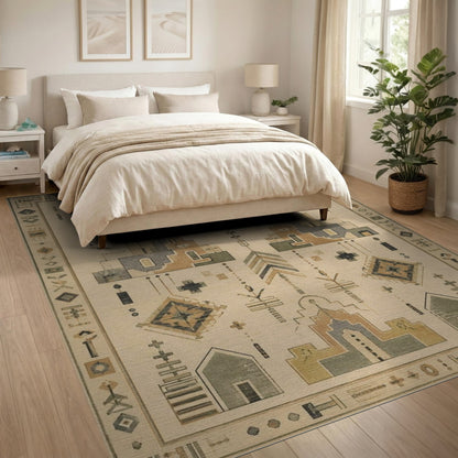 Beige Geometric Area Rug with Tribal Motifs