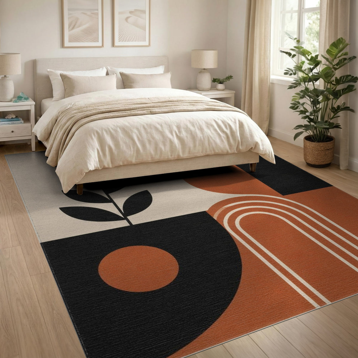 Geometric Area Rug with Leaf Silhouette in Earth Tones