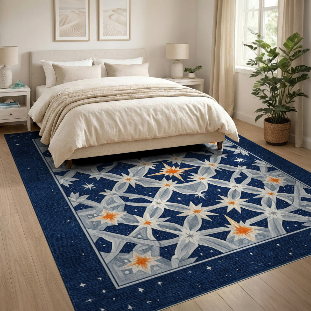 Navy Blue Star Lattice Geometric Area Rug