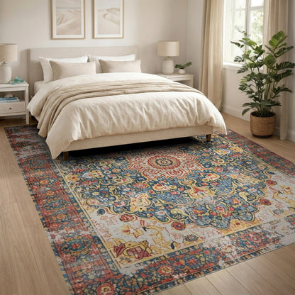 Blue and Teal Distressed Blue Medallion Vintage Area Rug