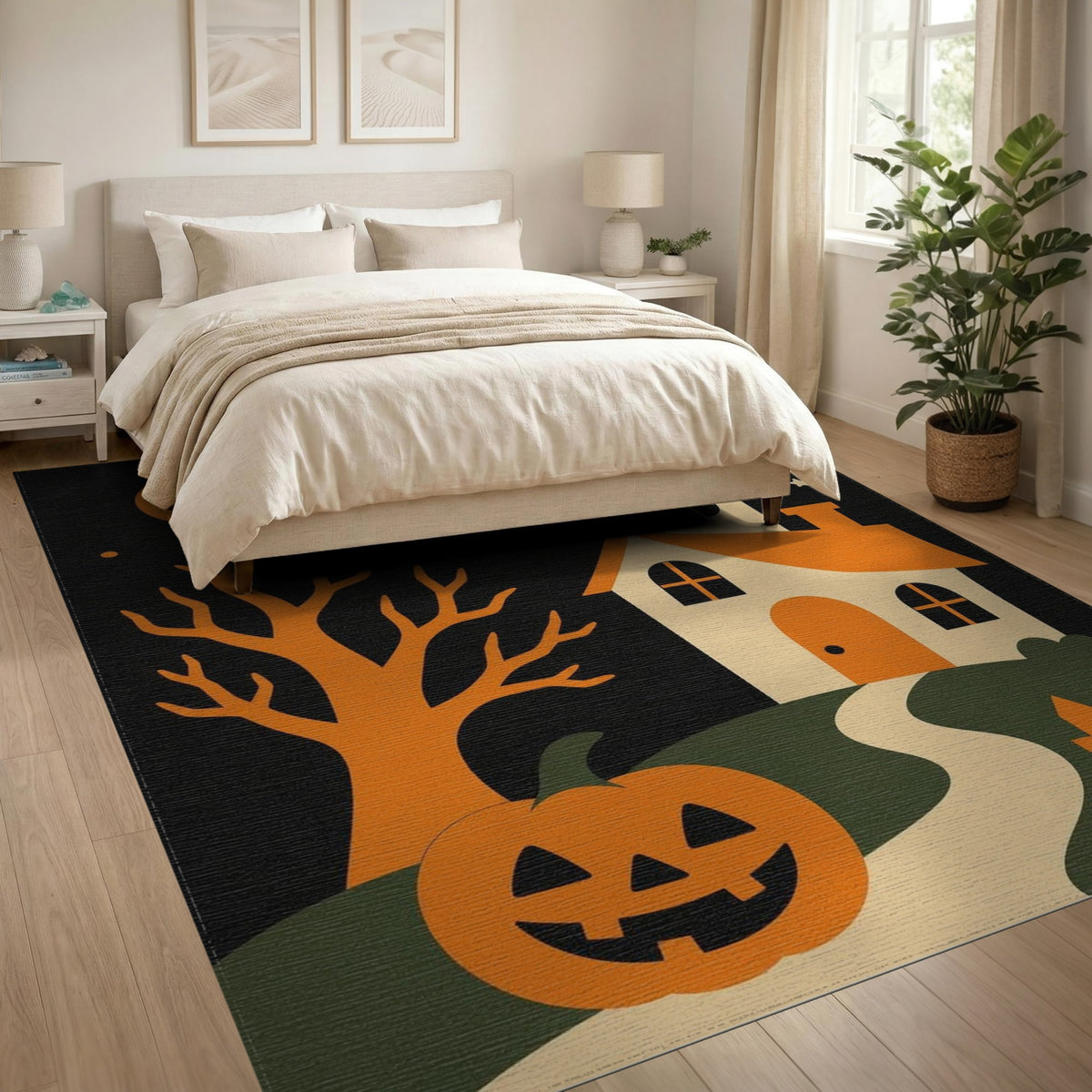 Halloween Haunted House Orange Kids Rug