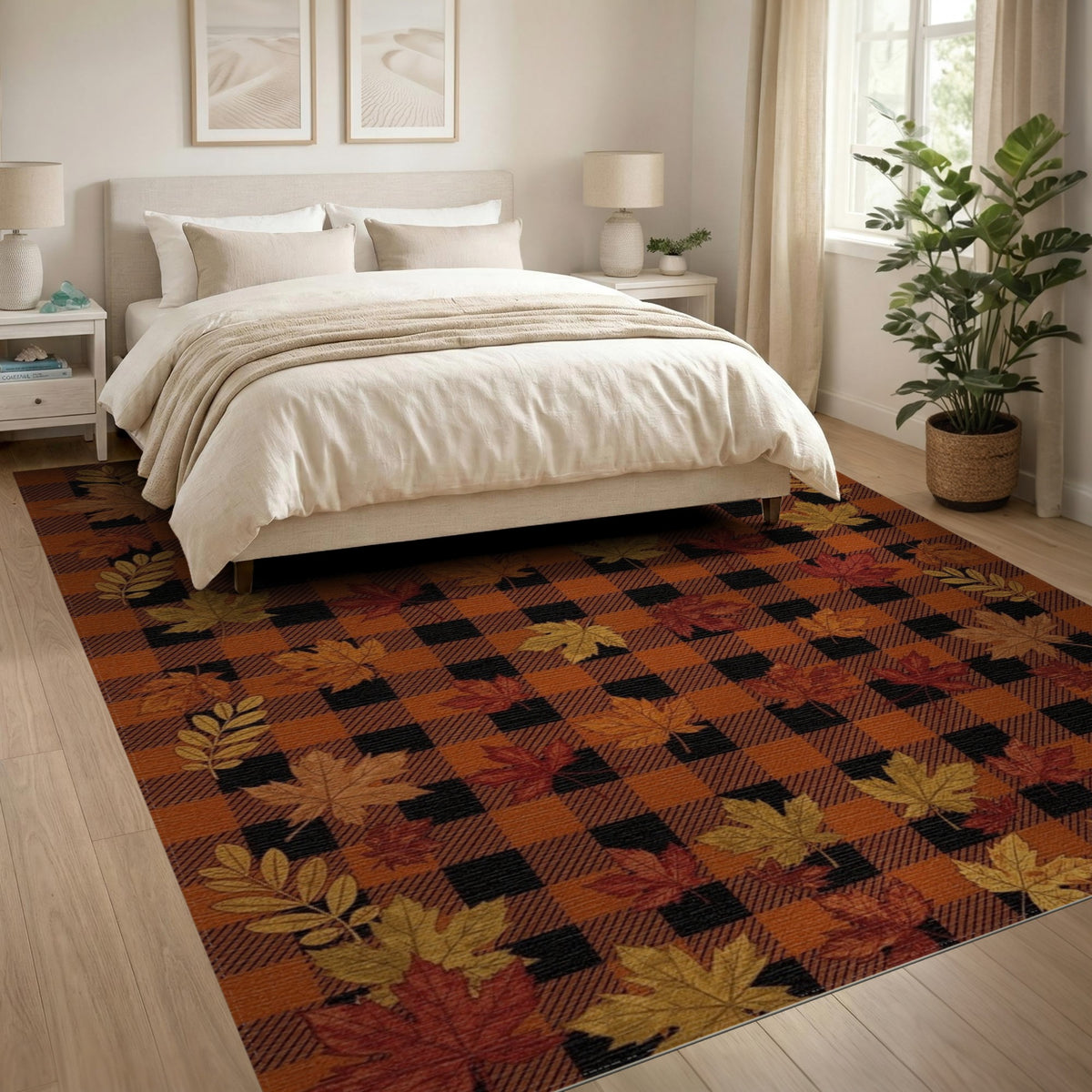 Fall Leaves Buffalo Check Area Rug