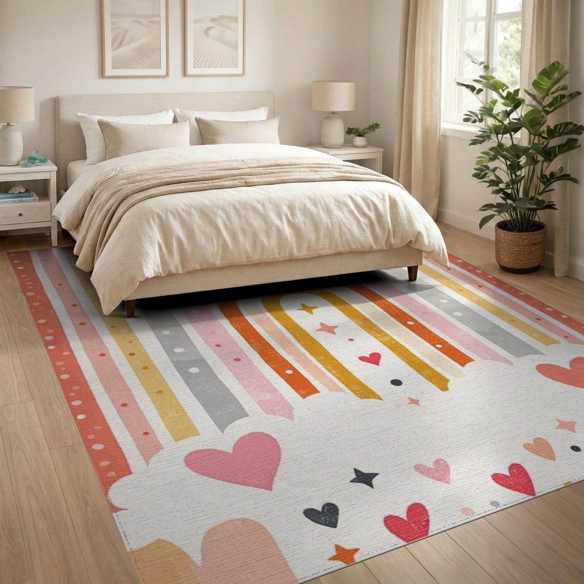 Kids Cartoon Multi-color and Patterns Rainbow Hearts Kids Area Rug
