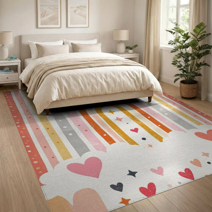Kids Cartoon Multi-color and Patterns Rainbow Hearts Kids Area Rug