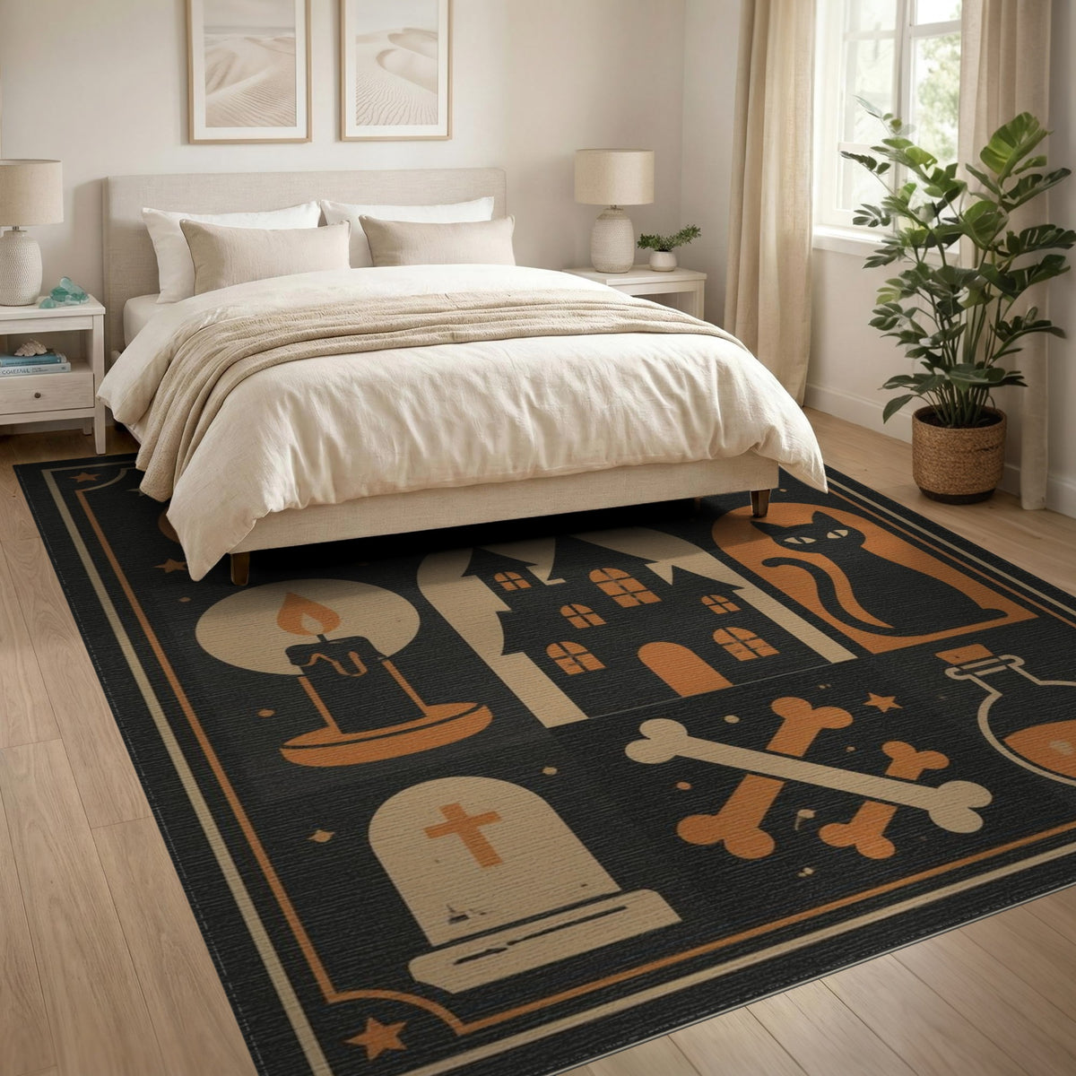 Gothic Halloween Black Cat Haunted House Rug