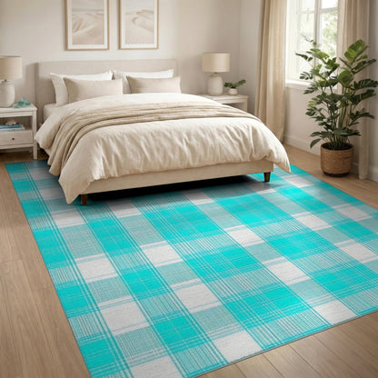 Turquoise Plaid Washable Area Rug