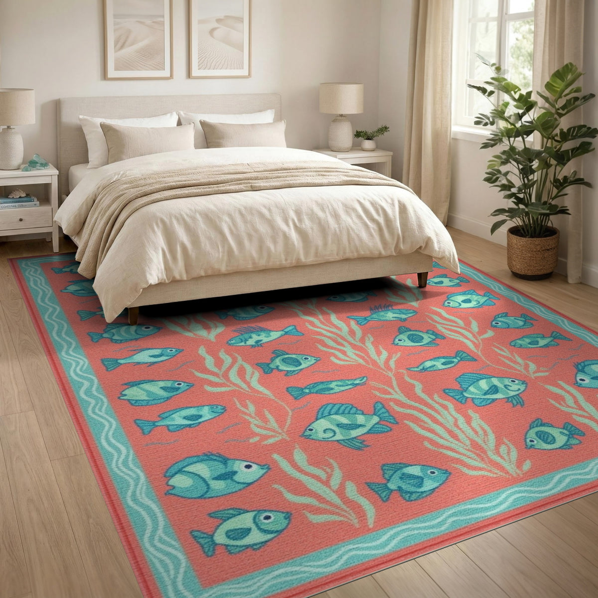 Blue Fish Coral Washable Area Rug