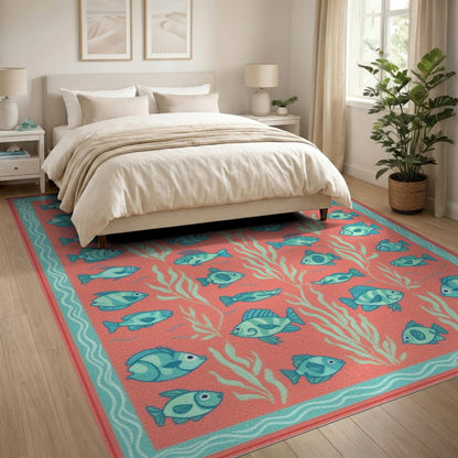 Blue Fish Coral Washable Area Rug