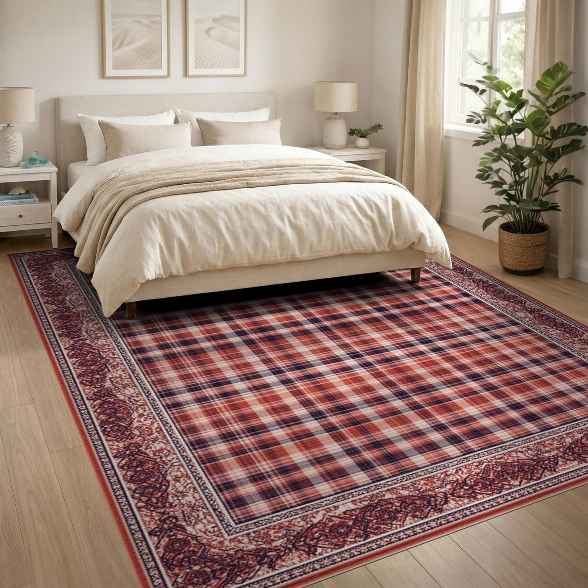 Red Plaid Vintage Border Area Rug