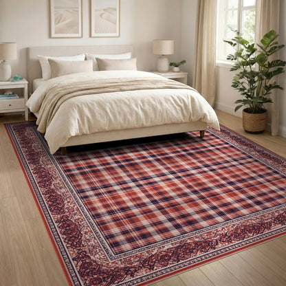 Red Plaid Vintage Border Area Rug