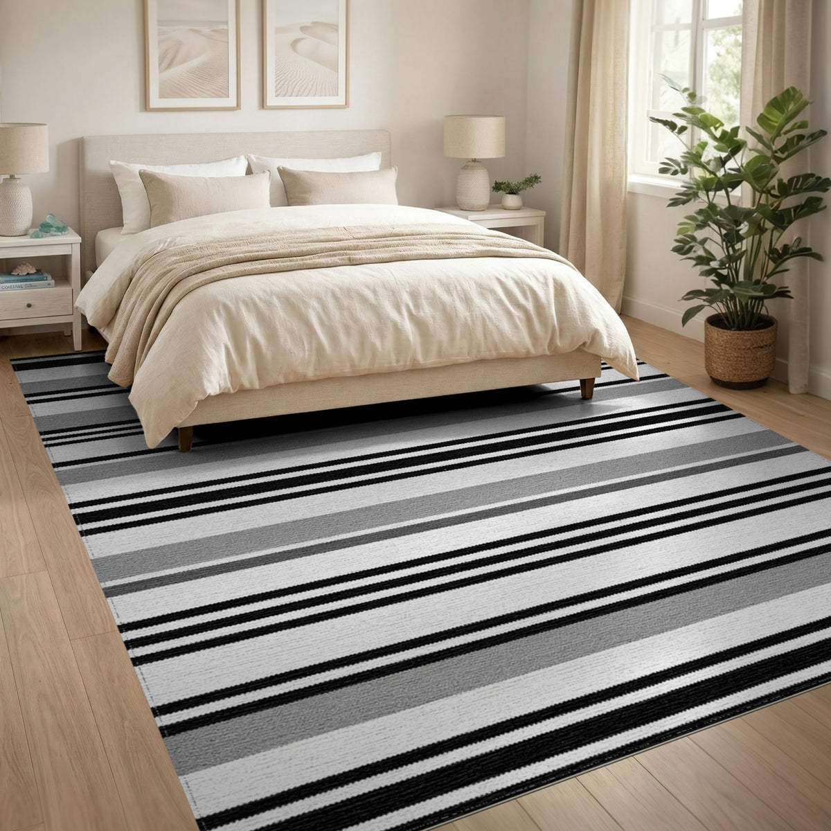 Black White Striped Geometric Area Rug