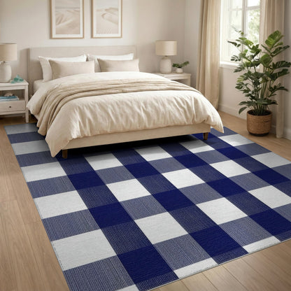 Washable Geometric Modern Navy Blue Checkered Washable Area Rug