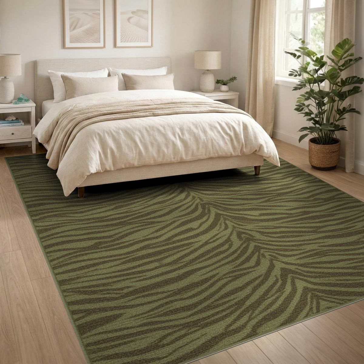 Green Wavy Stripe Washable Area Rug