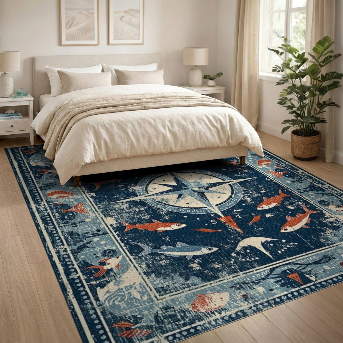 Distressed Nautical Compass Fish Area Rug