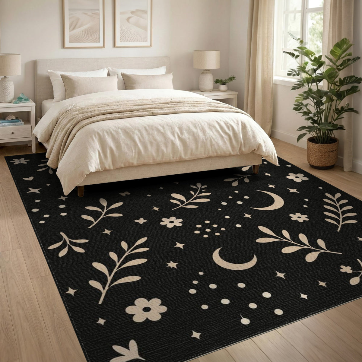 Boho Chic Celestial Floral Black Area Rug