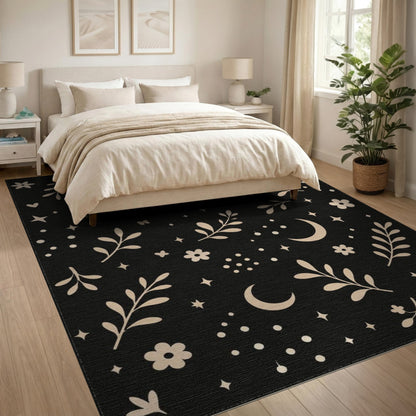Boho Chic Celestial Floral Black Area Rug