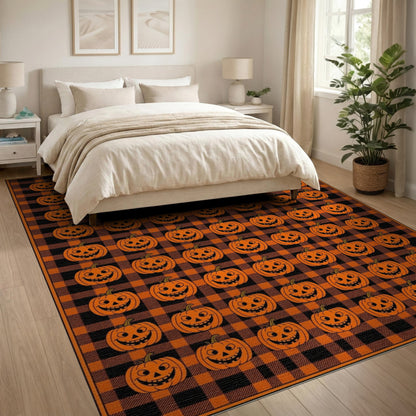 Orange Pumpkin Plaid Kids Area Rug