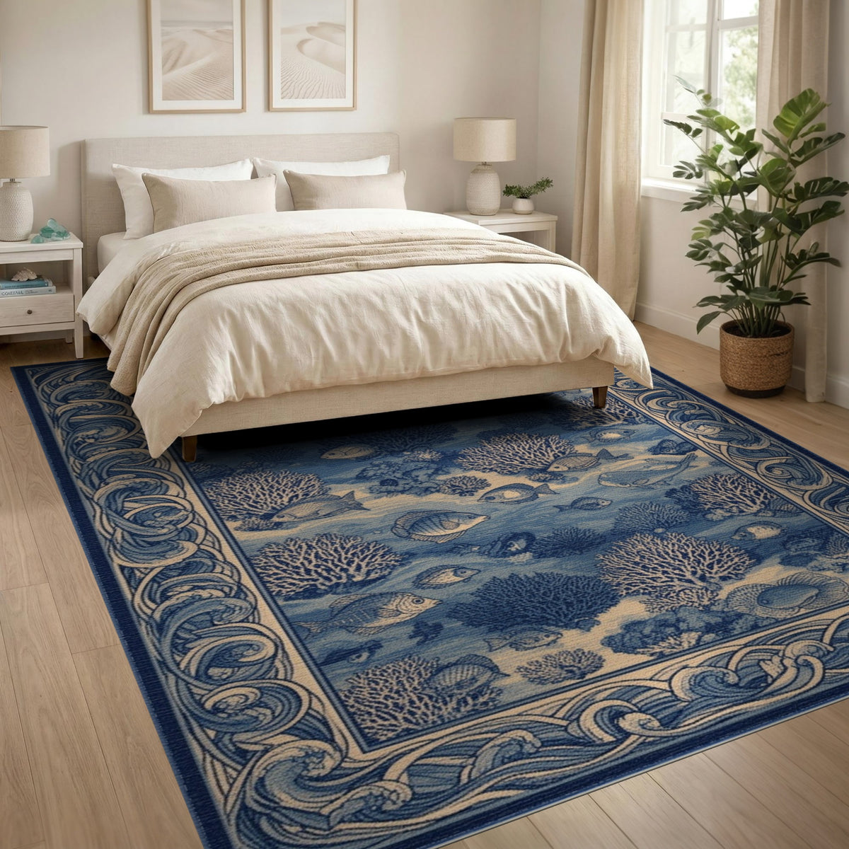Coastal Beach Blue Ocean Fish Coral Area Rug
