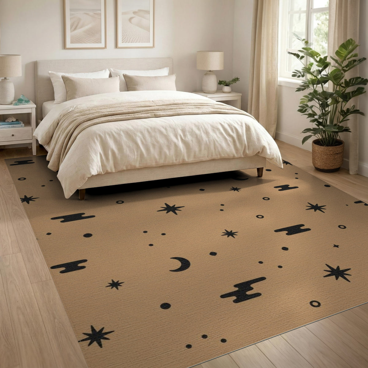 Boho Tan Celestial Area Rug with Stars and Moons