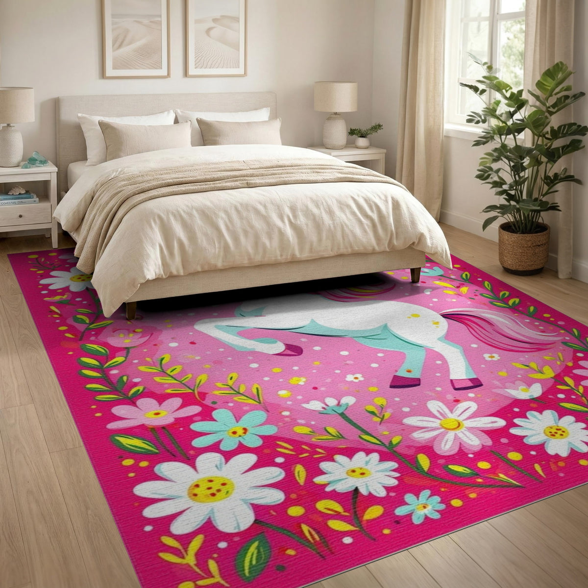Pink Unicorn Floral Kids Area Rug
