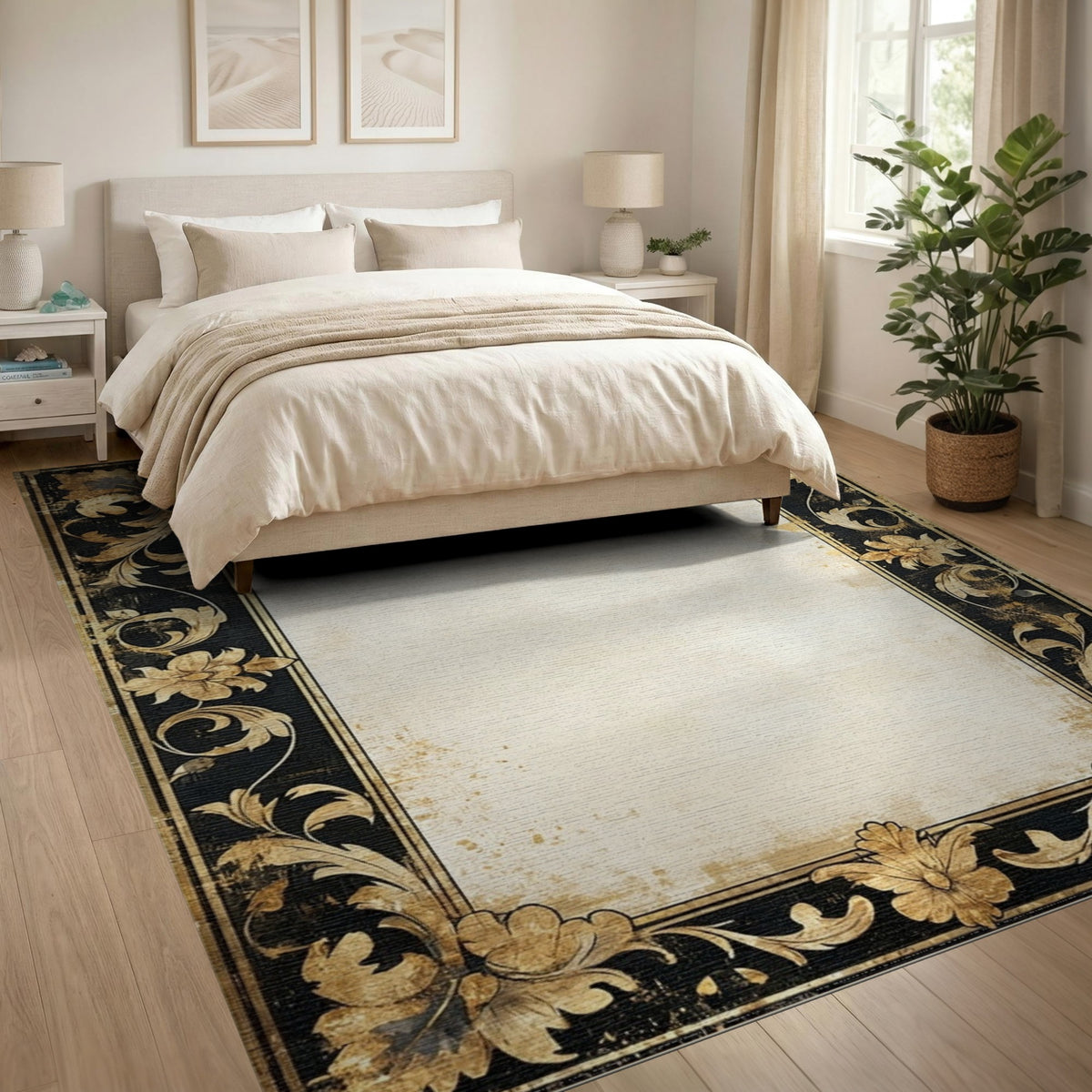 Distressed Vintage Gold Floral Area Rug