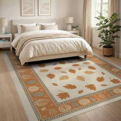 Beige Brown Leaf Border Area Rug