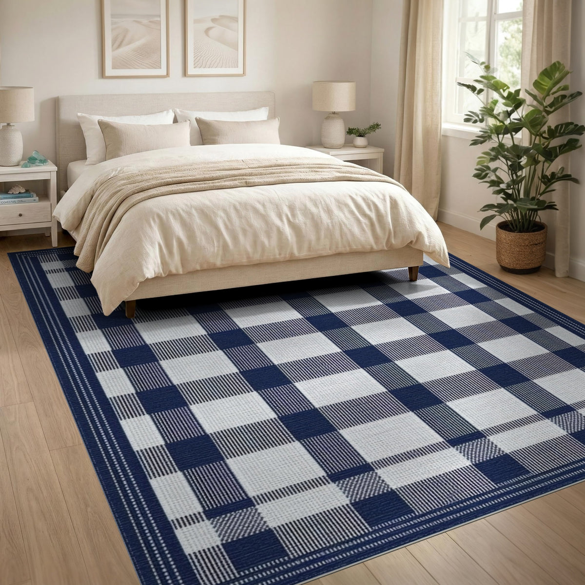 Navy Blue Checkered Gingham Area Rug