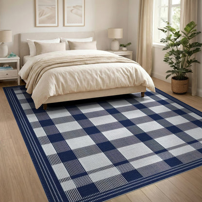 Navy Blue Checkered Gingham Area Rug