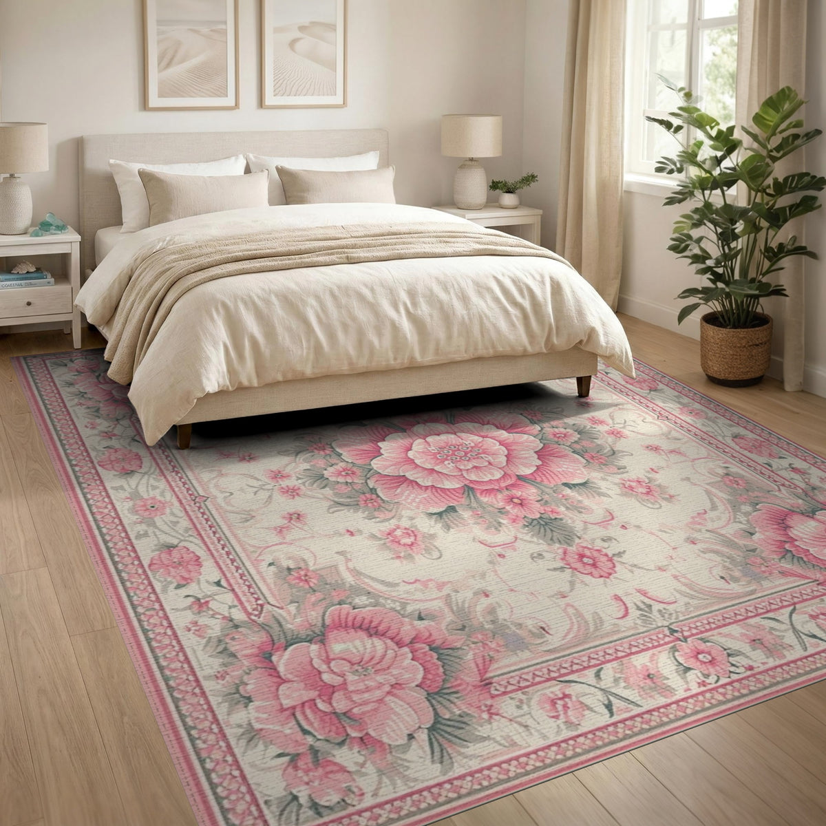 Pink Peony Floral Vintage Area Rug