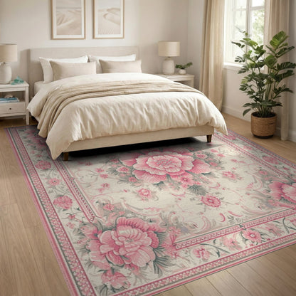 Pink Peony Floral Vintage Area Rug