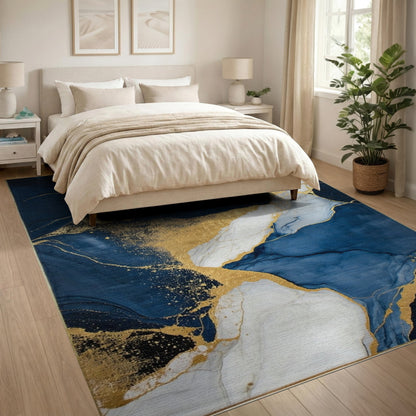 Blue and Teal Navy Blue Gold Abstract Marble Area Rug
