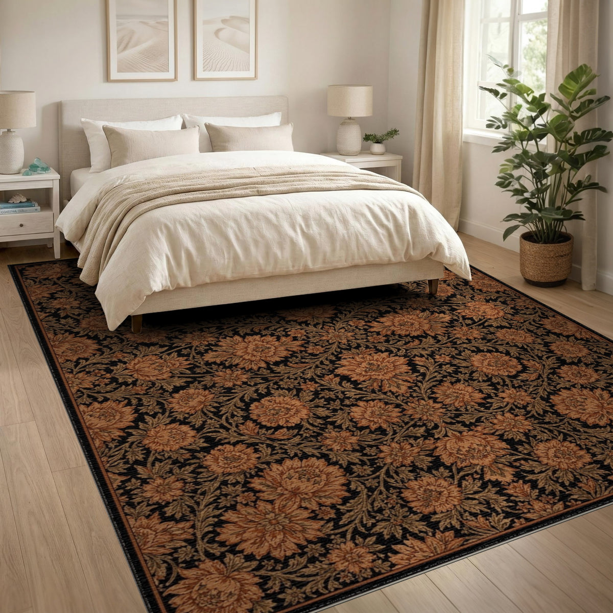 Vintage Orange Floral Area Rug on Black