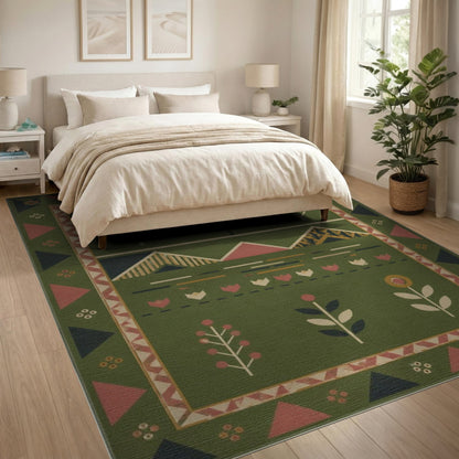 Green Geometric Landscape Area Rug