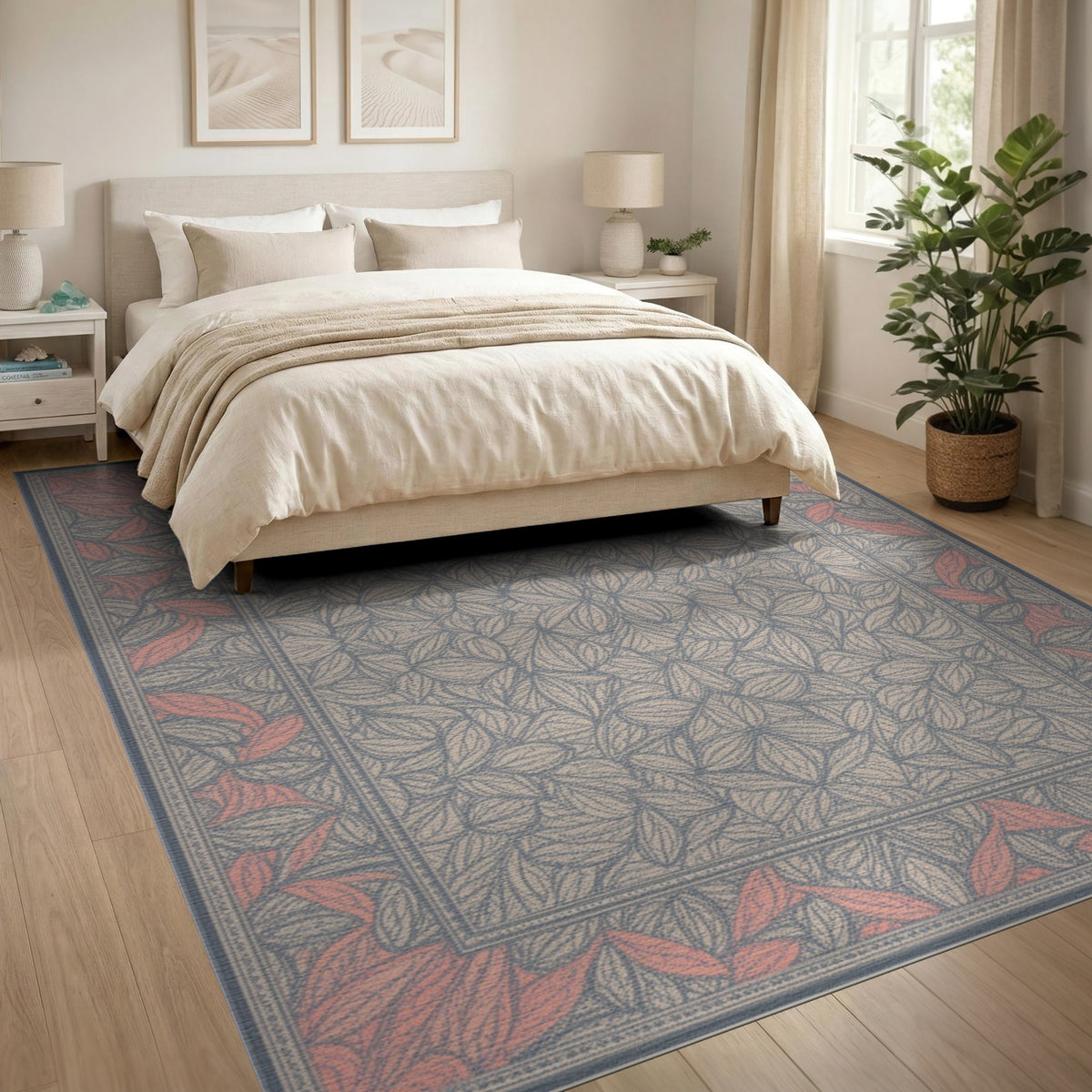 Grey Floral Leaf Medallion Area Rug